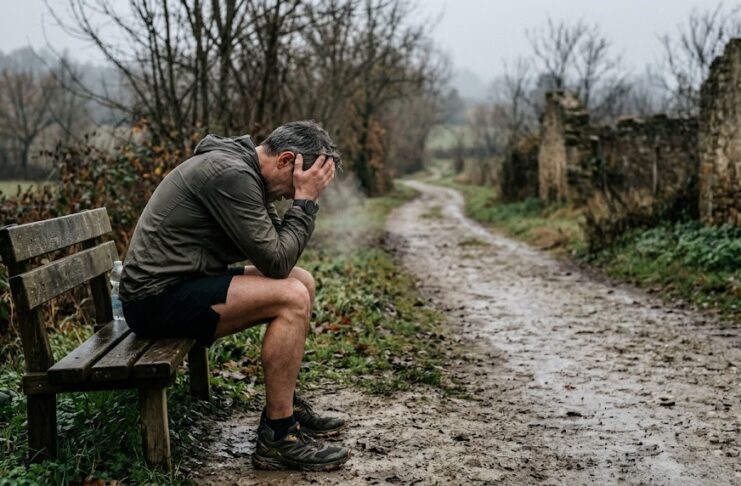 Runner maturo seduto su una panchina, momento di riflessione dopo un infortunio nella corsa